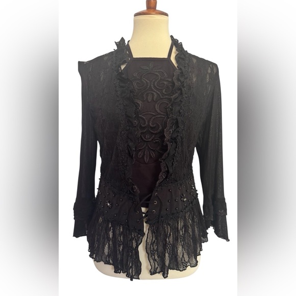 Rods Fairy Goth Renaissance Sheer Lace Long Sleeve Black Cardigan Size Medium - Picture 2 of 13